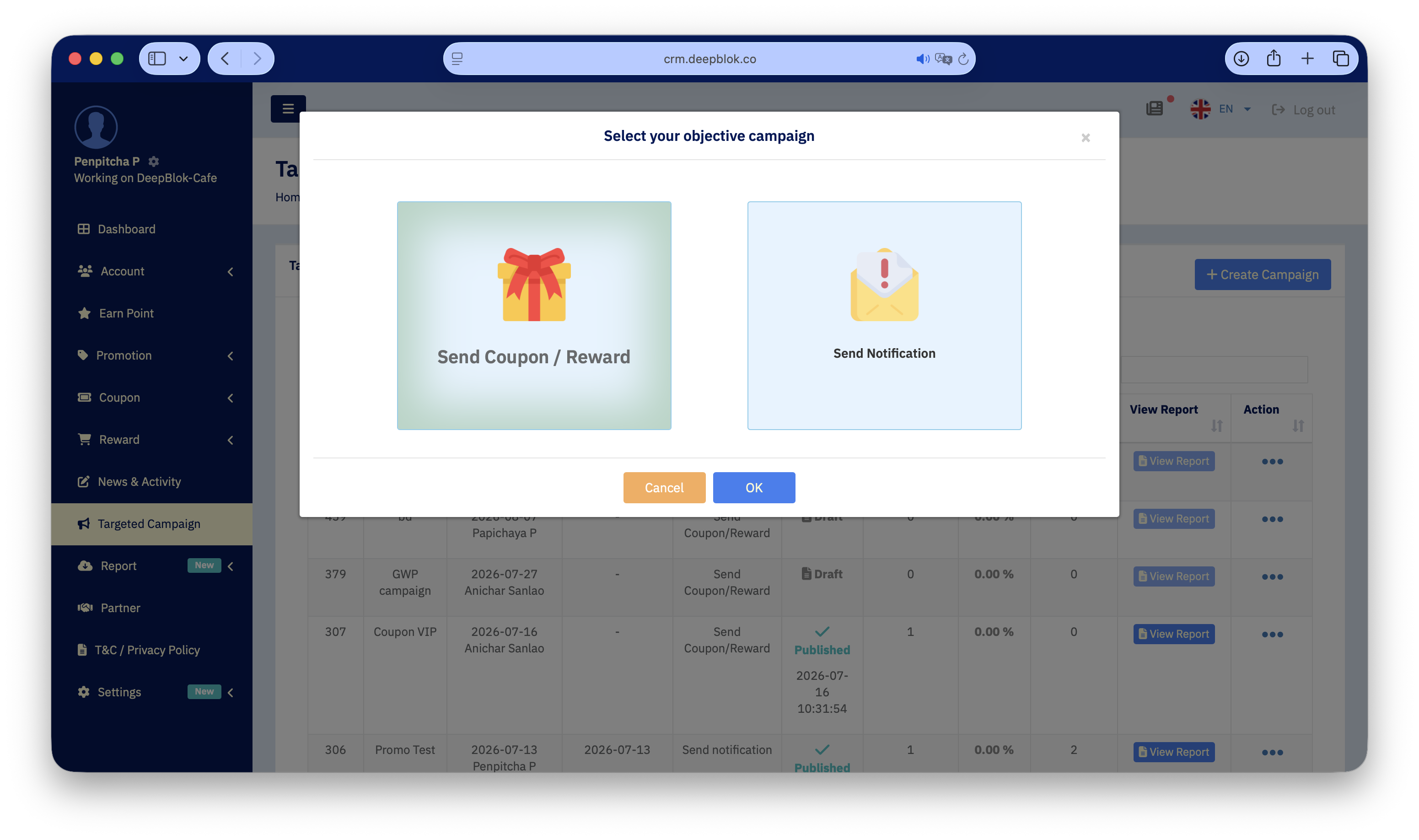 5.4.1 ส่วนบนของหน้า Create Campaign เห็นช่อง Targeted Campaign Name พร้อมตัวนับ ชิป Send Coupon/Reward ปุ่ม Add Reward และ + Create Reward ช่อง Reward Expire date และปุ่ม Save
