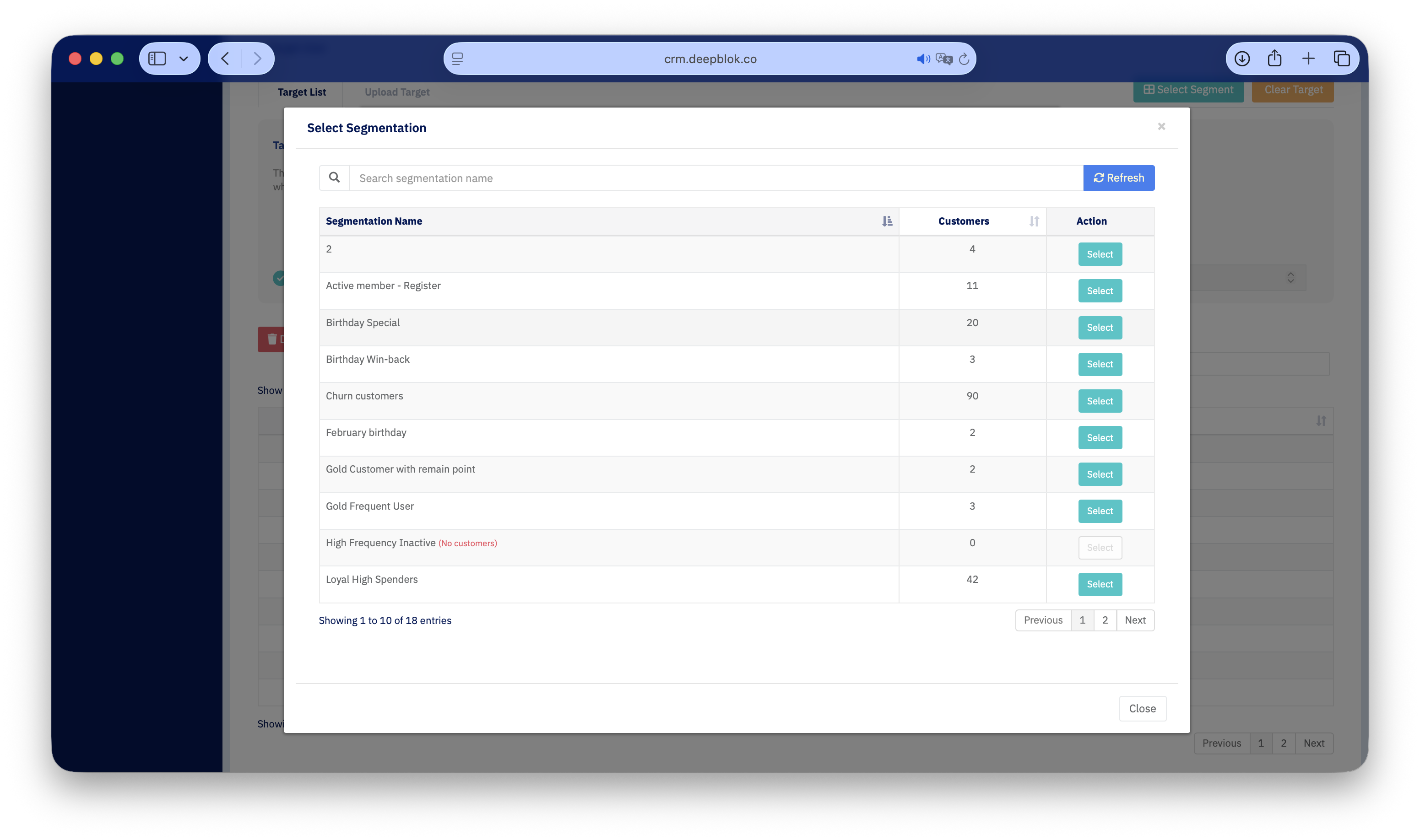 5.4.2 หน้าต่าง Select Segmentation ที่เปิดค้างอยู่ เห็นช่องค้นหา ตาราง Segmentation คู่กับ Customers ปุ่ม Select ในแต่ละแถว โดยมีอย่างน้อย 1 แถวที่จำนวนเป็น 0 และปุ่ม Select จาง — ไฮไลต์แถวที่กดไม่ได้