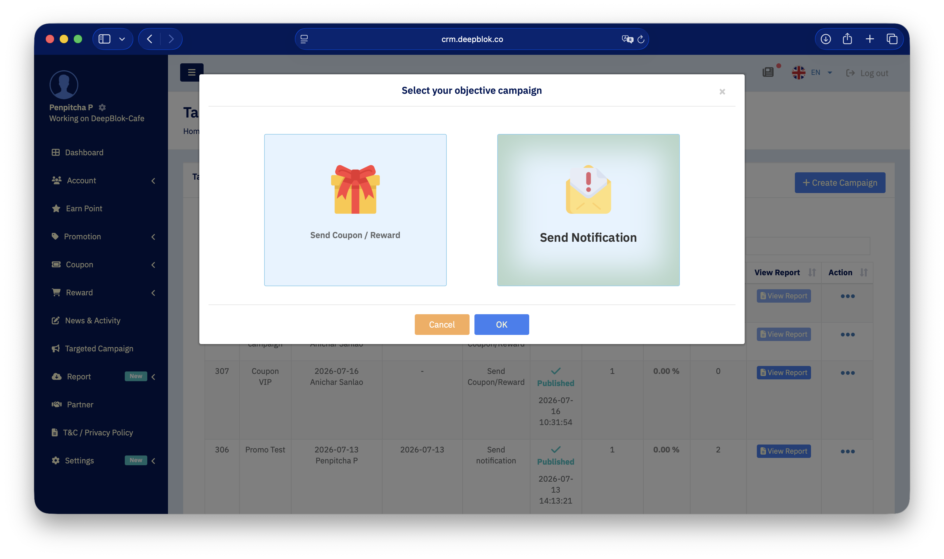 5.3.1 หน้าต่าง Select your objective campaign ที่เปิดค้างอยู่บนหน้า Targeted Campaign List เห็นการ์ด Send Coupon / Reward และ Send Notification คู่กัน พร้อมปุ่ม Cancel และ OK — ไฮไลต์การ์ด Send Notification