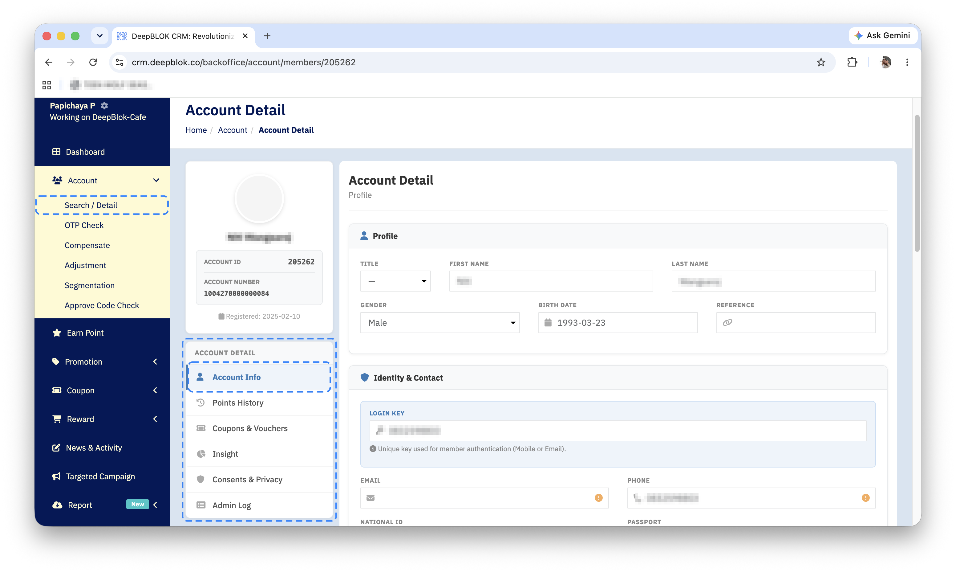 The ACCOUNT DETAIL tab rail on the Account Detail page showing all 6 tabs