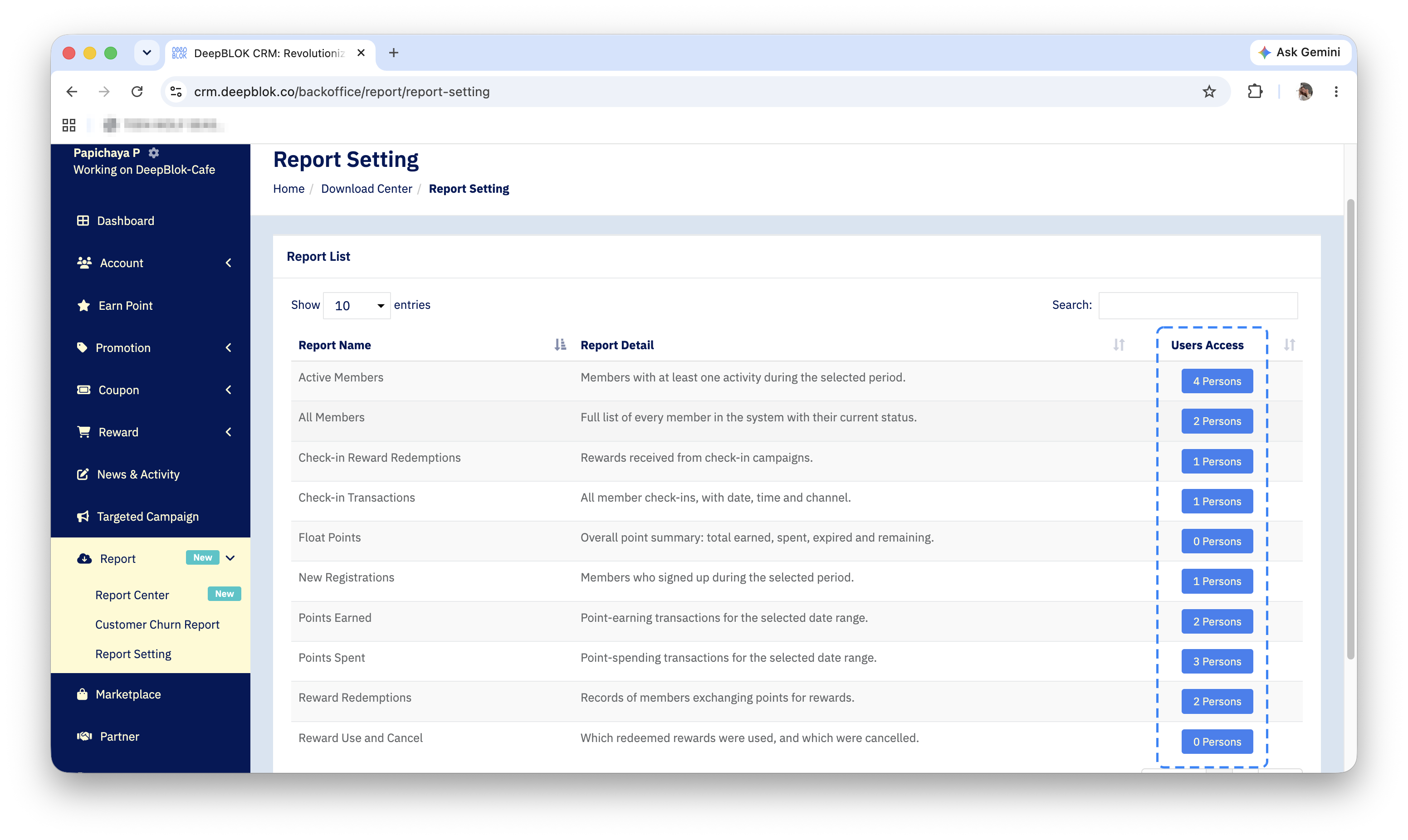 The Report Setting page showing the report table with the number of people who can access each one