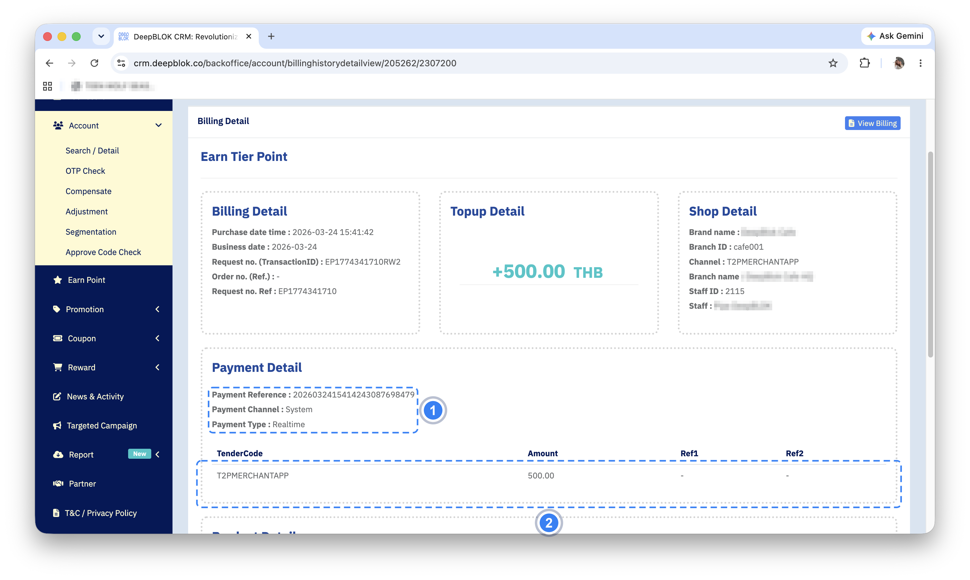 The Payment Detail section on the Billing History page with its TenderCode table