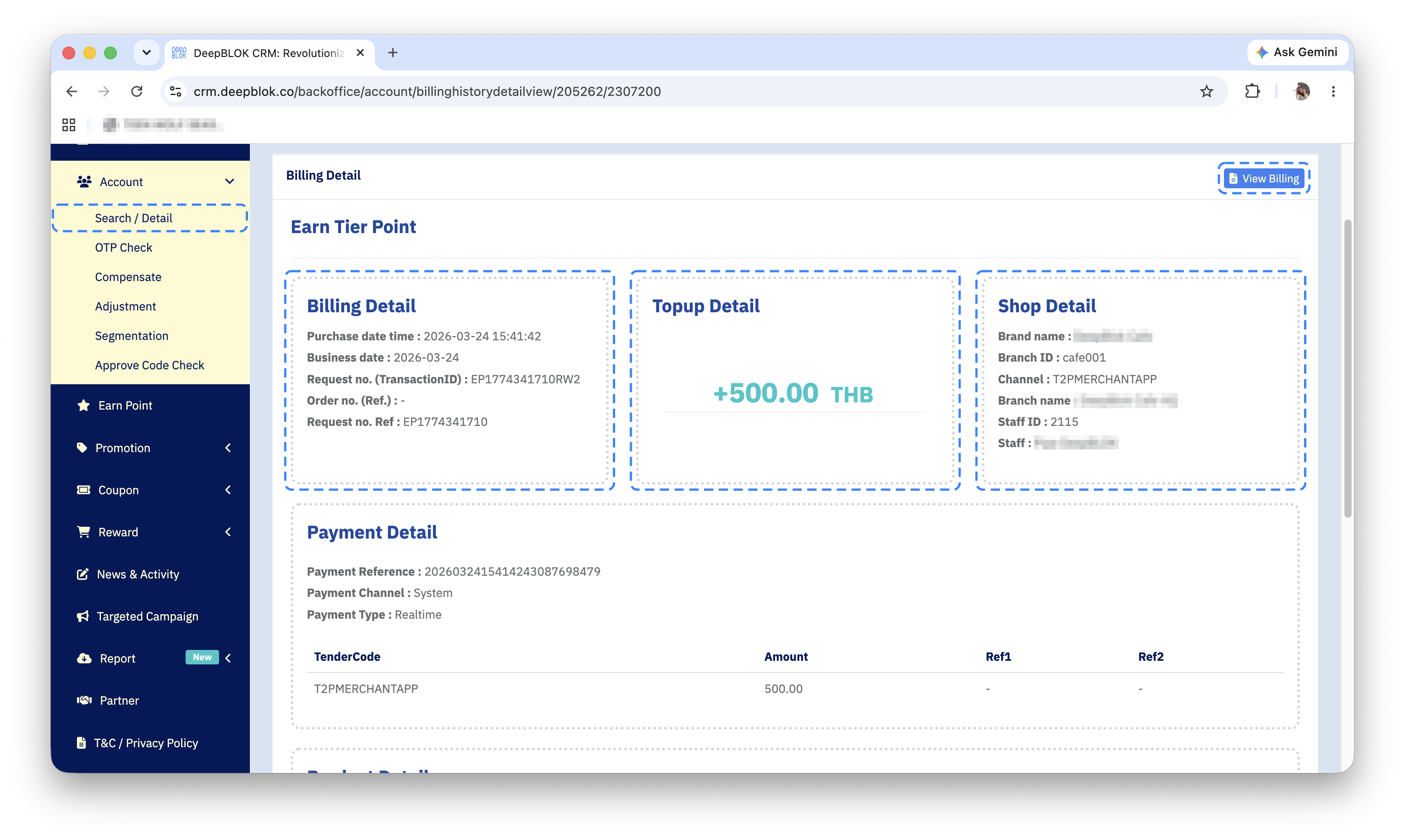 The top of the Billing History page showing the Billing Detail, Topup Detail and Shop Detail cards