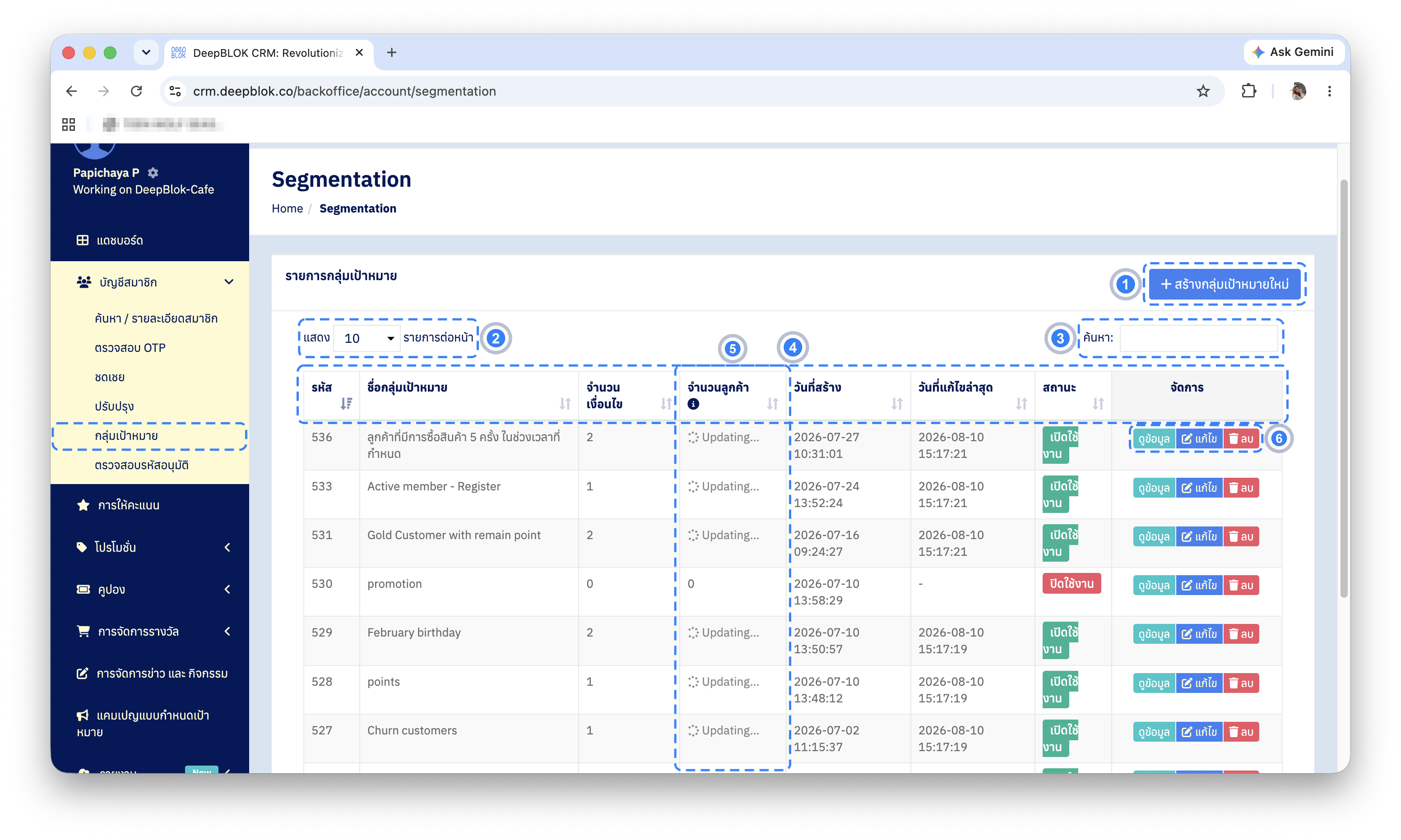 ตาราง Segmentation List พร้อมปุ่ม Add New Segmentation และคอลัมน์ Customer List