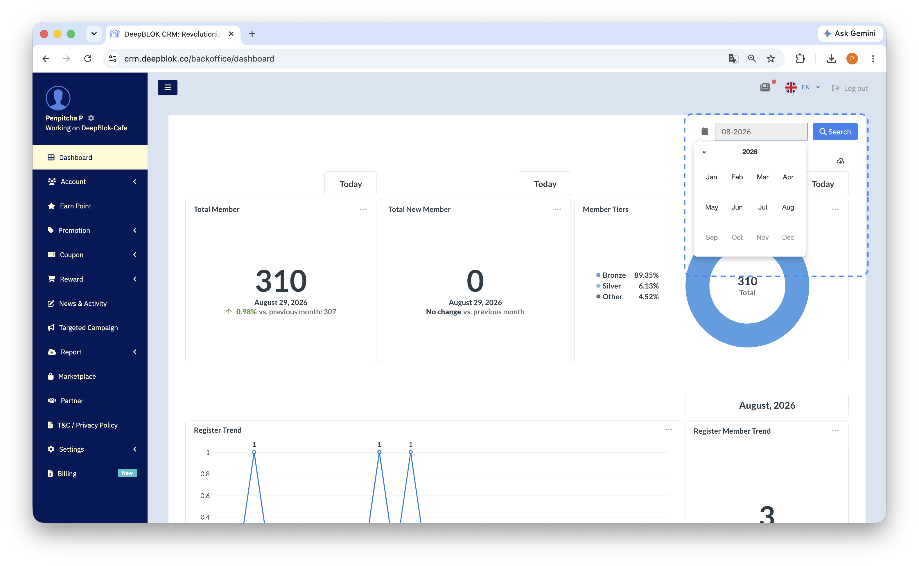 1.9.2 ซูมมุมขวาบนของแดชบอร์ดโหมดภาษาไทย ให้เห็นช่องเลือกเดือนที่แสดง 08-2026 และปุ่มสีน้ำเงิน ค้นหา ข้างกัน ตีกรอบรอบทั้ง 2 อย่าง