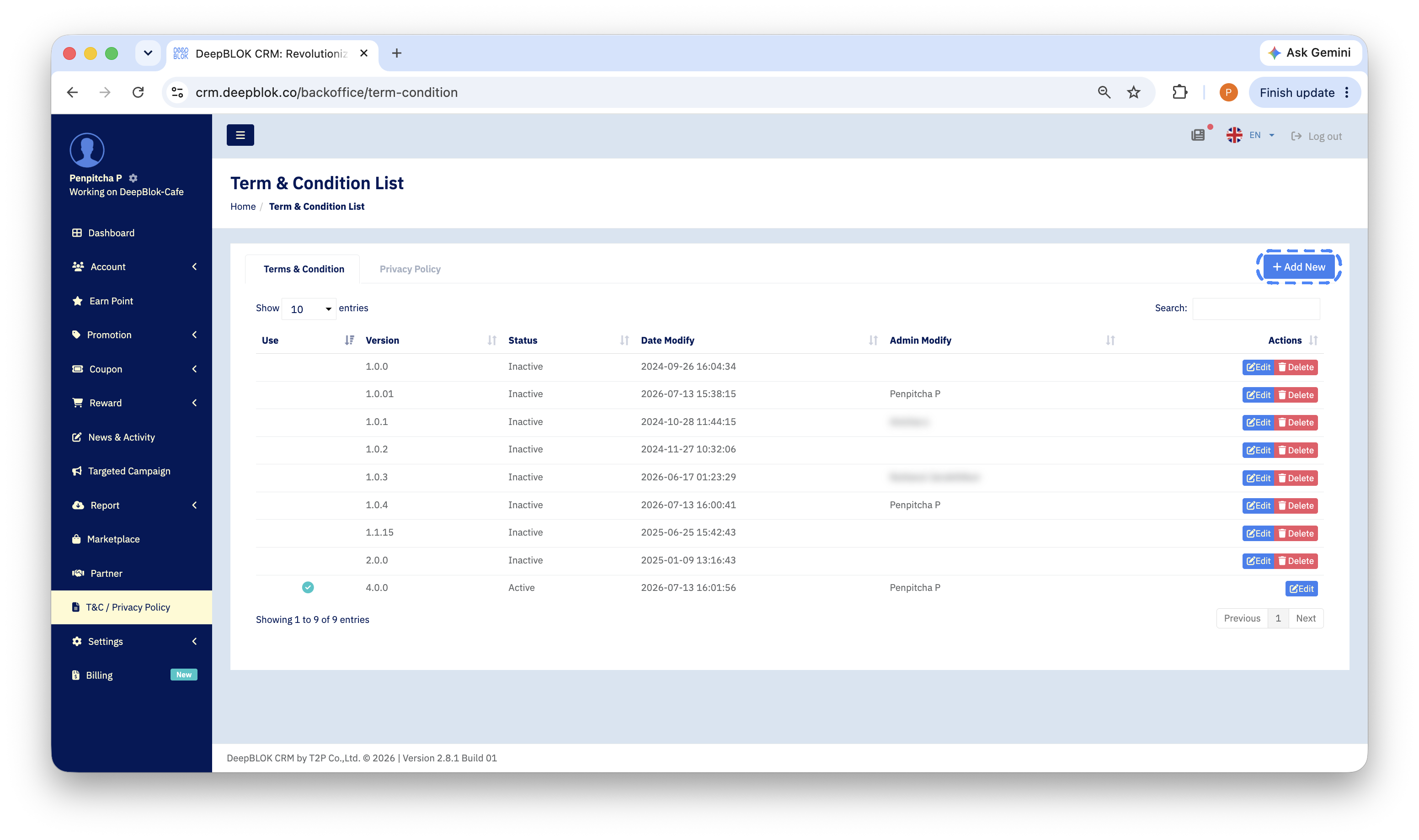 8.5.1 the Term & Condition List page on the Terms & Condition tab, showing the blue + Add New button at the top right, both tabs, and a table containing both an Active and an Inactive row in the same frame.