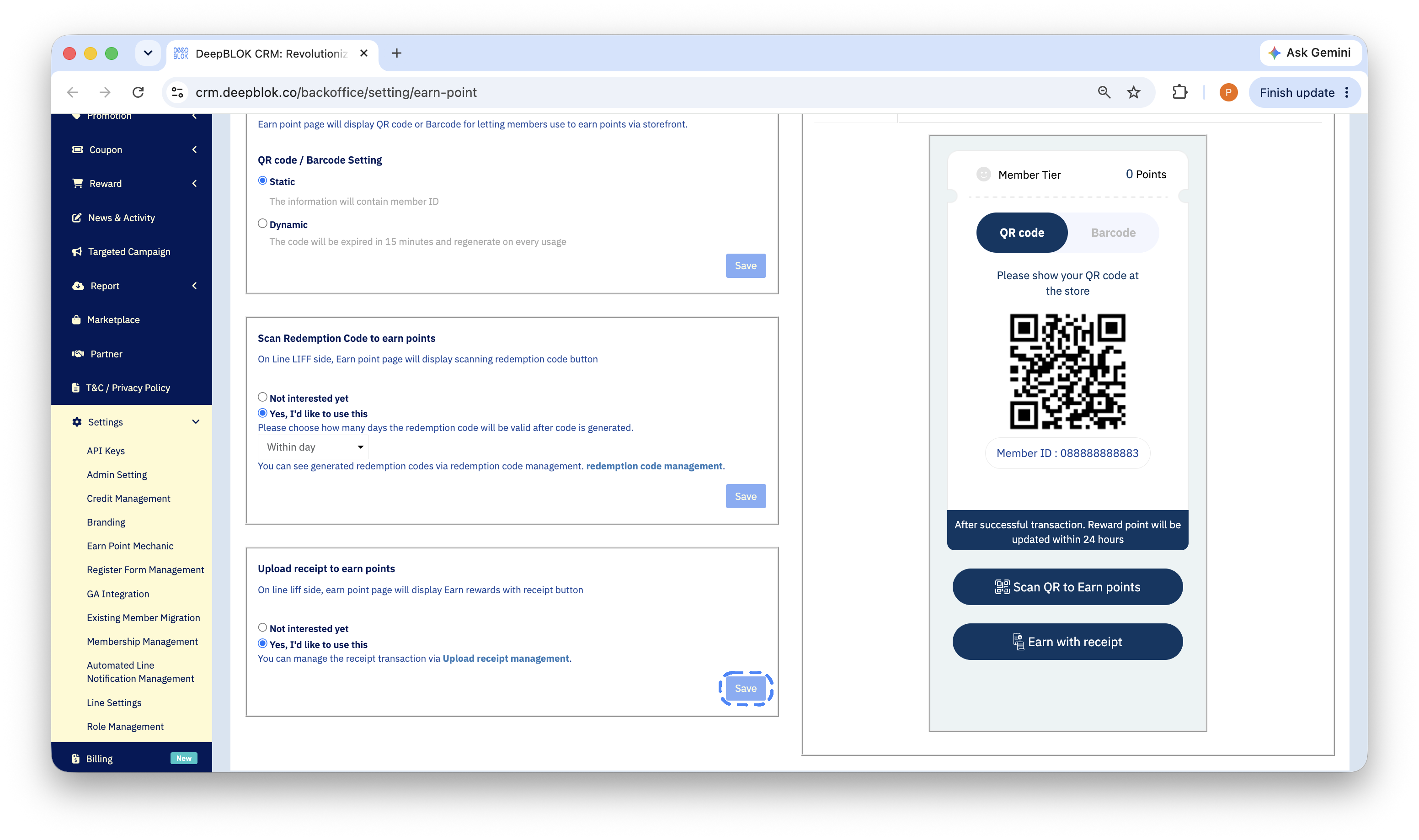 3.12.1 the Earn point mechanic page showing the whole Upload Receipt card — the Yes, I'd like to use this option, that card's Save button and the Upload receipt management link — box the Save button to make clear it belongs to this card alone.