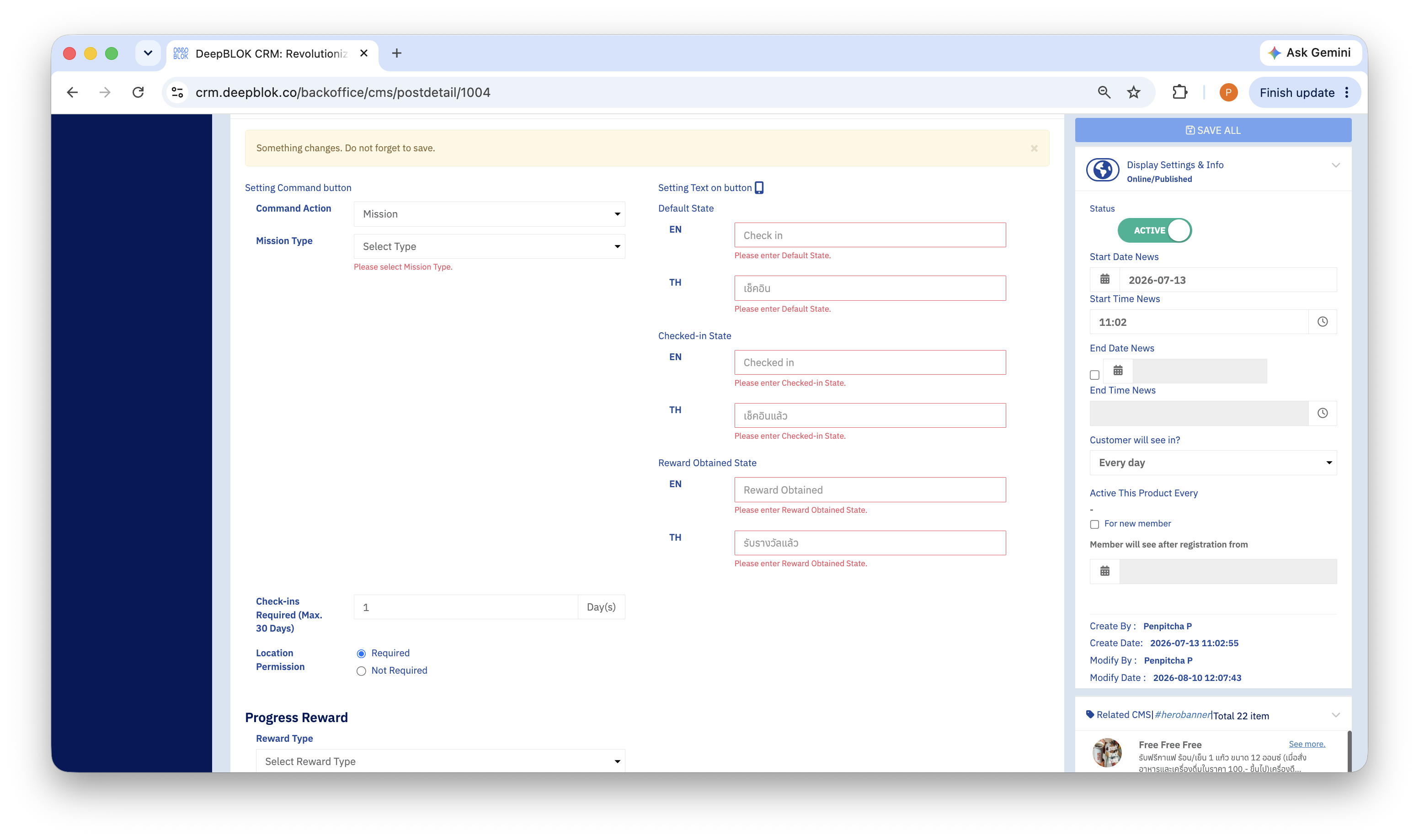 5.10.1 Part 3 with Command Action set to Mission, showing the left side from Mission Type through Check-ins Required (Max. 30 Days) and Location Permission, alongside the right side with all 3 groups — Default State, Checked-in State and Reward Obtained State — in one frame.