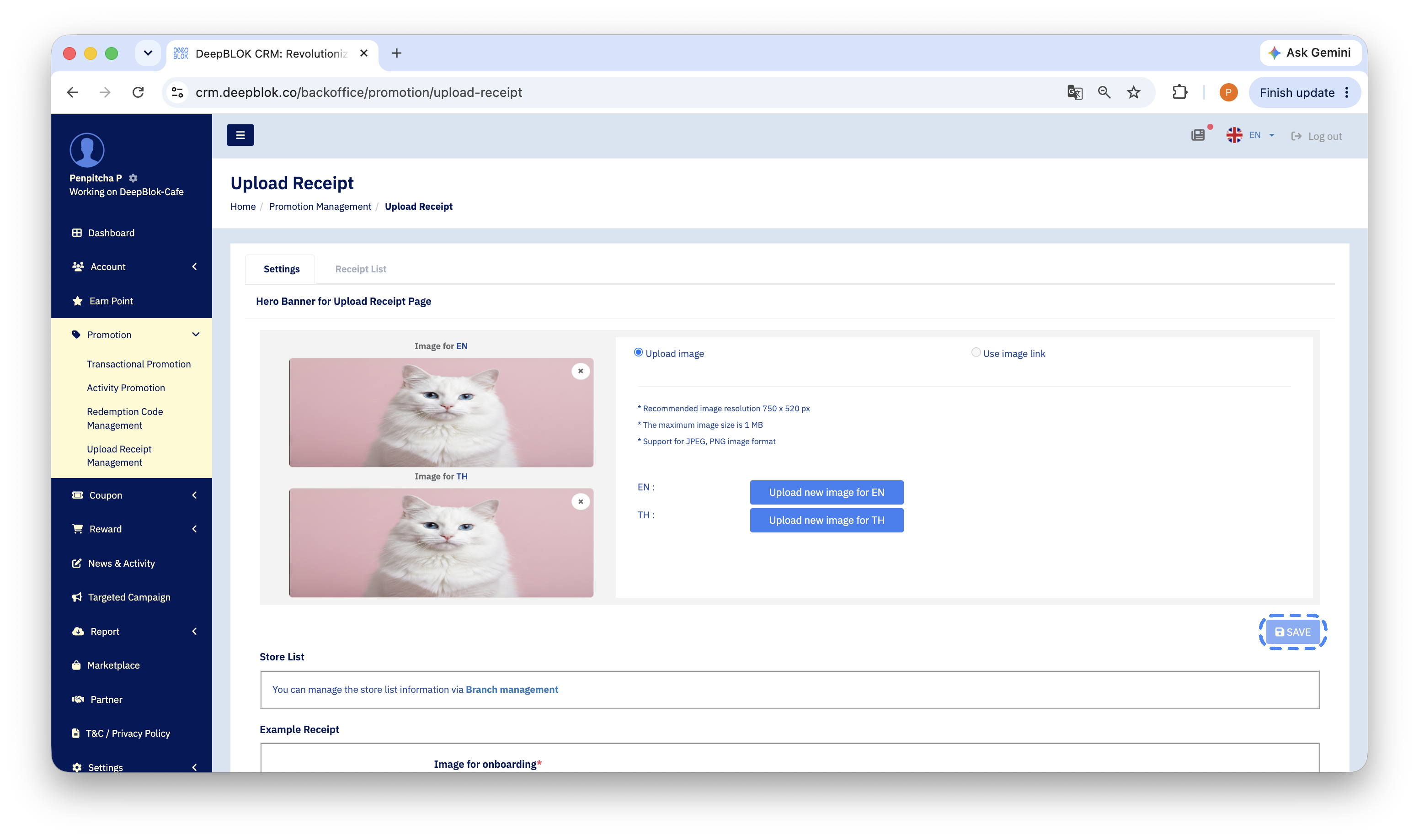 3.12.2 the Hero Banner for Upload Receipt Page section on the Settings tab, showing the Image for EN and Image for TH preview boxes, the Upload image / Use image link options, the Upload new image for EN and Upload new image for TH buttons and this section's SAVE.