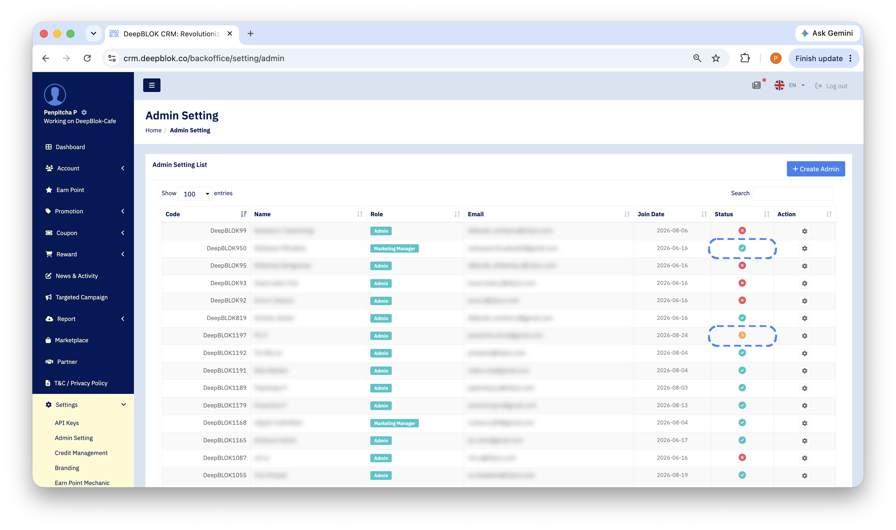9.4.1 the Admin Setting List page showing rows with an orange clock and rows with a green check in the Status column, in the same shot. Highlight both icons. Blur real team email addresses.