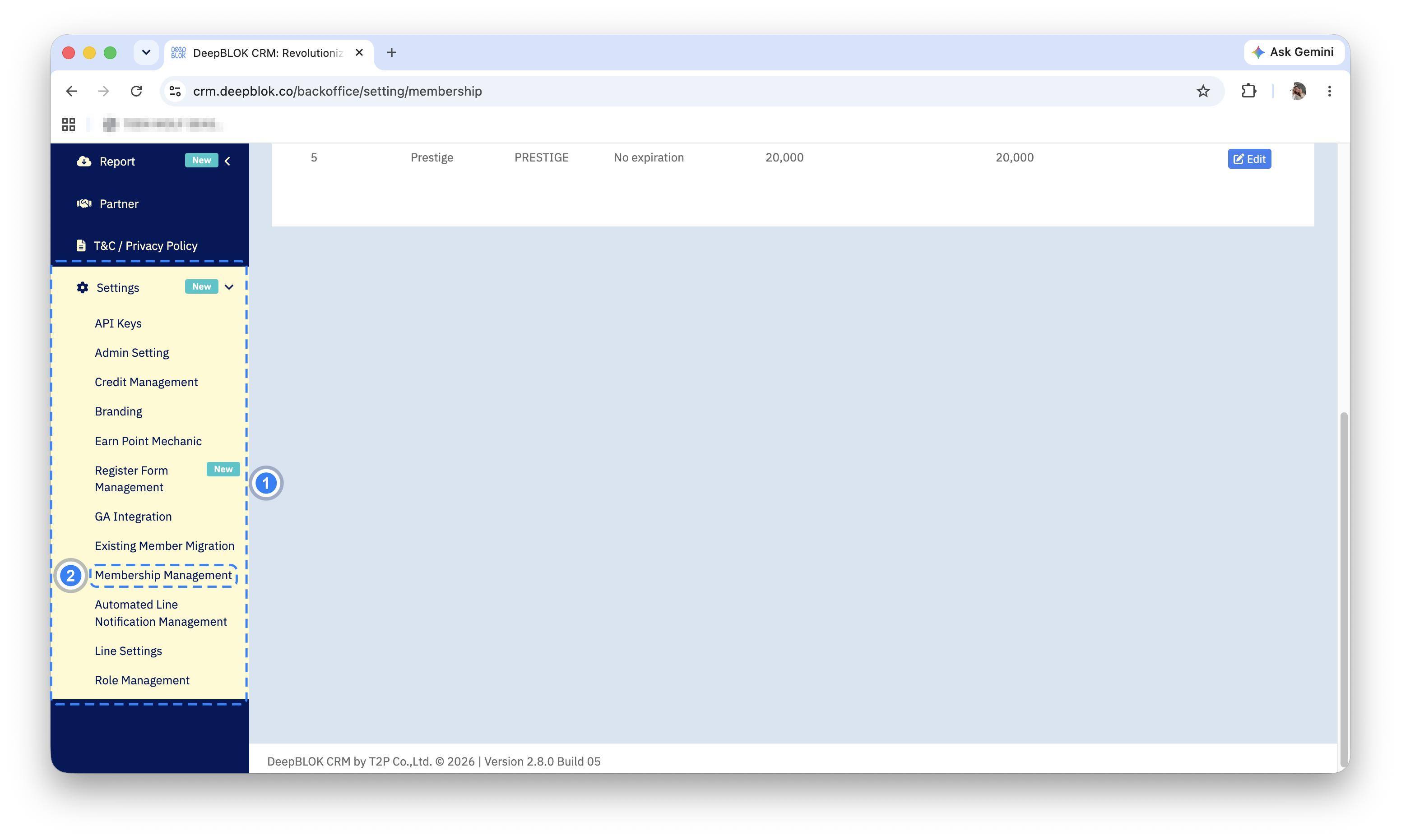 The Settings menu in DeepBLOK Backoffice showing the Membership Management item