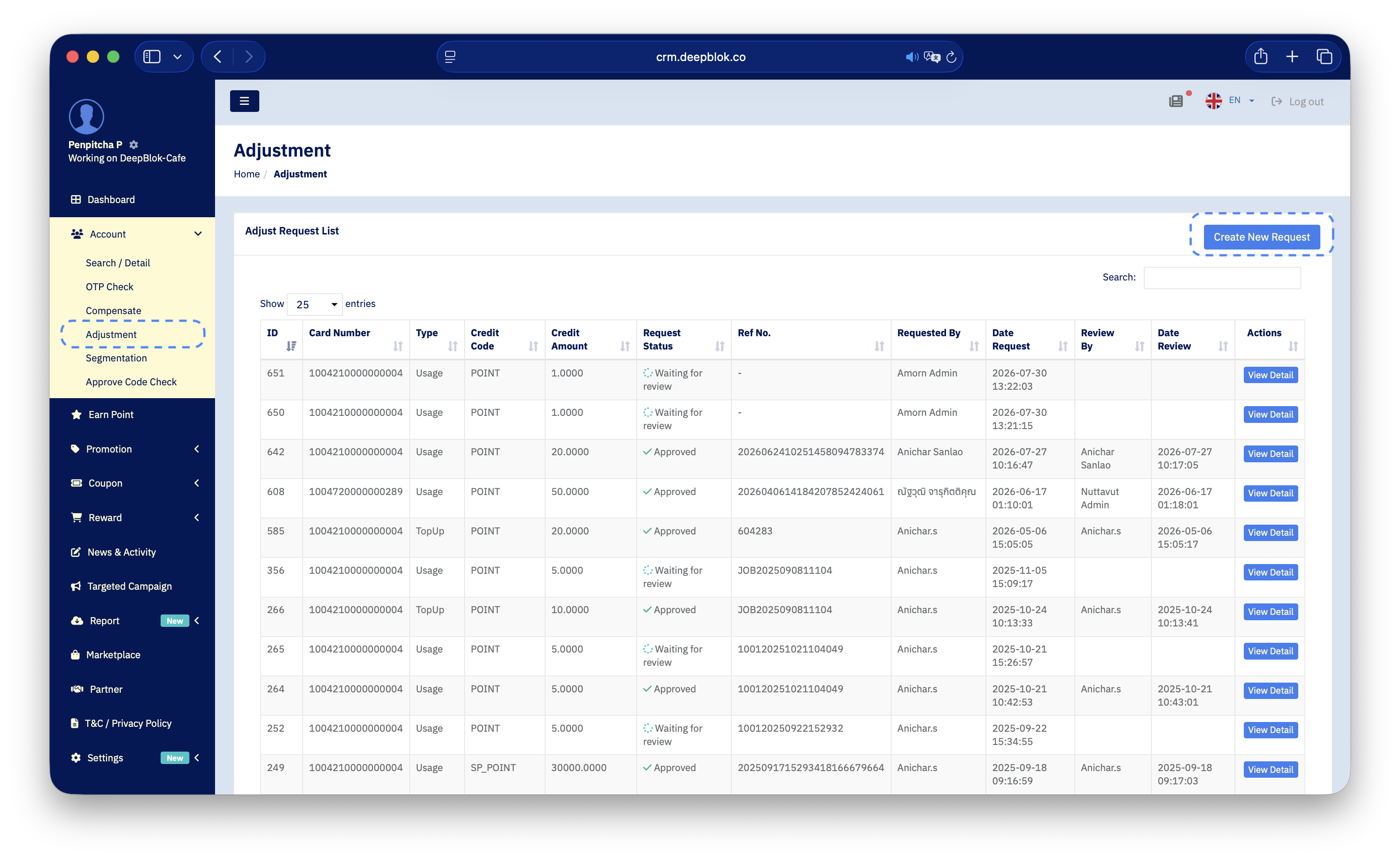 3.2.2 the full Adjust List page with the Account menu expanded in the sidebar and the Adjustment sub-item selected — box the sub-item and the Create New Request button, and blur card numbers and user names in the table.