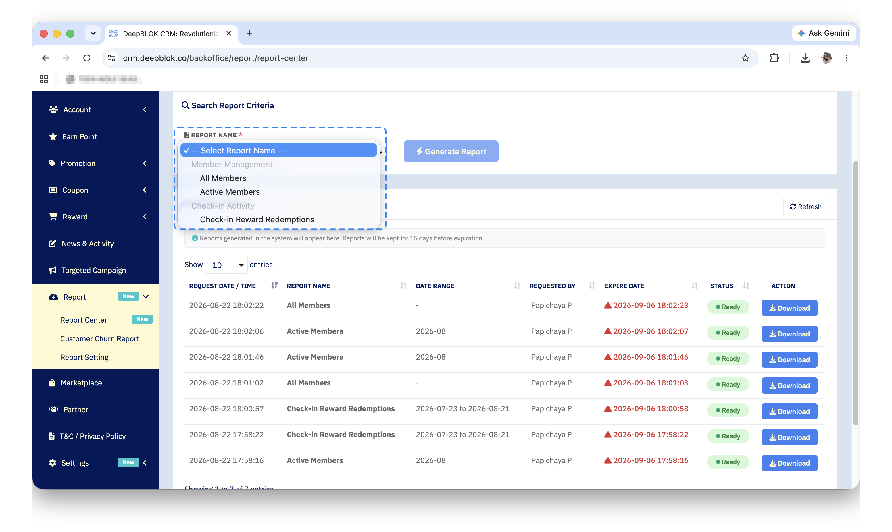 The Report Name field on the Report Center page, open and showing reports grouped into categories
