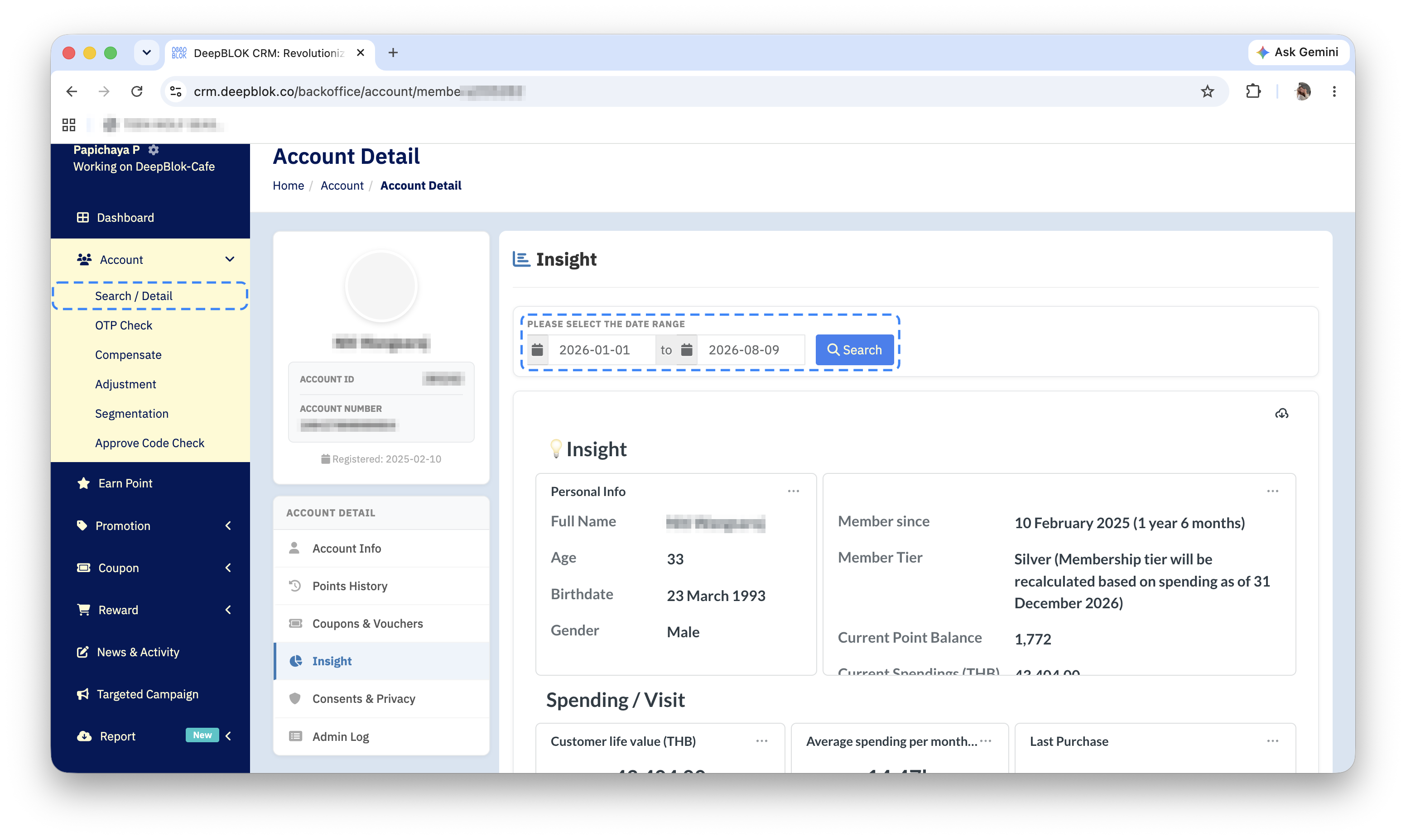 The date range selector on the Insight tab with its Search button