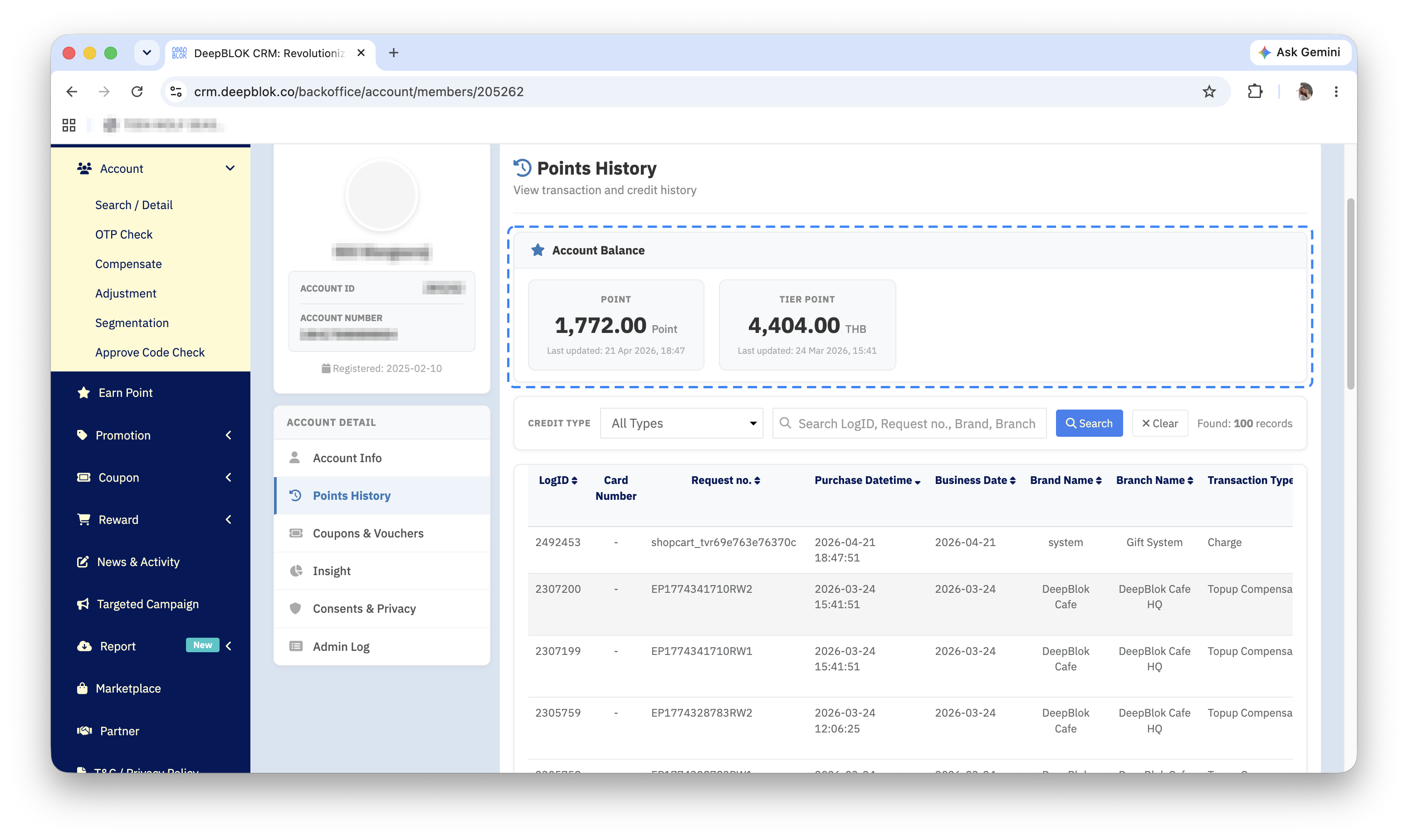 The Account Balance section on the Points History page showing the balance and the last-updated time