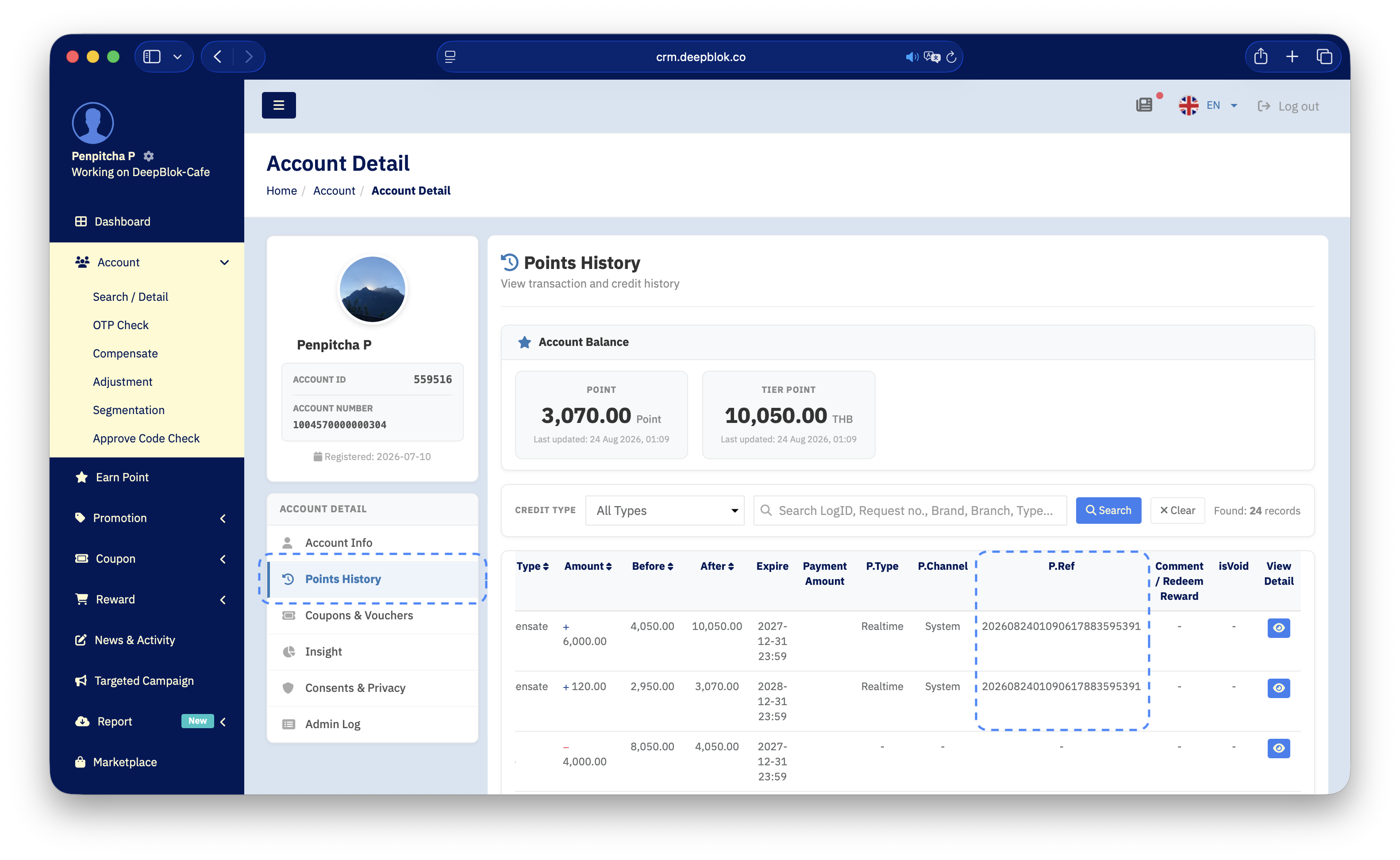 3.2.1 the full Account Detail page on the Points History tab, showing the Account Balance box, the search field, the CREDIT TYPE dropdown and the table below — box the Request no. column, and blur the member's name, account ID and card number.