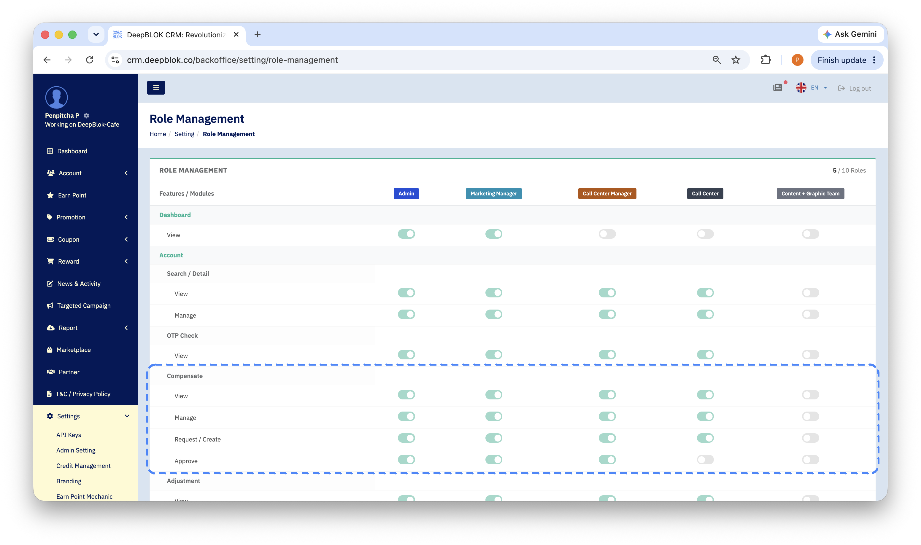8.1.3 a close-up of the Account module, Compensate sub-feature, showing all 4 lines — View, Manage, Request / Create, Approve — across all 5 columns, making clear that Approve is on for Admin, Marketing Manager and Call Center Manager but off for Call Center, while Content + Graphic Team is off on all 4.