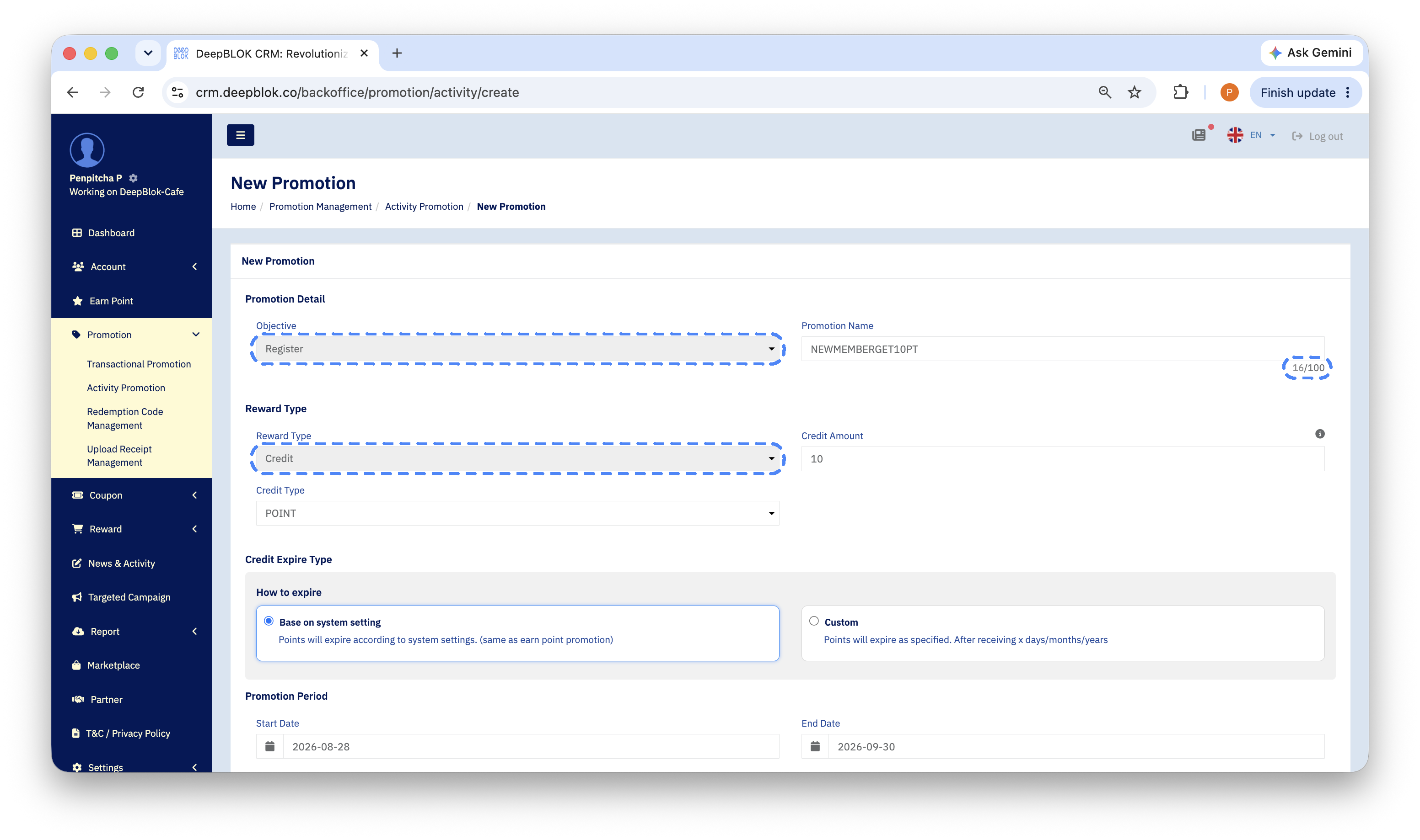 3.6.2 the upper half of the New Promotion page showing the Promotion Detail and Reward Type sections with every field filled in from the example — box the greyed-out Objective and Reward Type dropdowns, and the 0/100 counter under Promotion Name.
