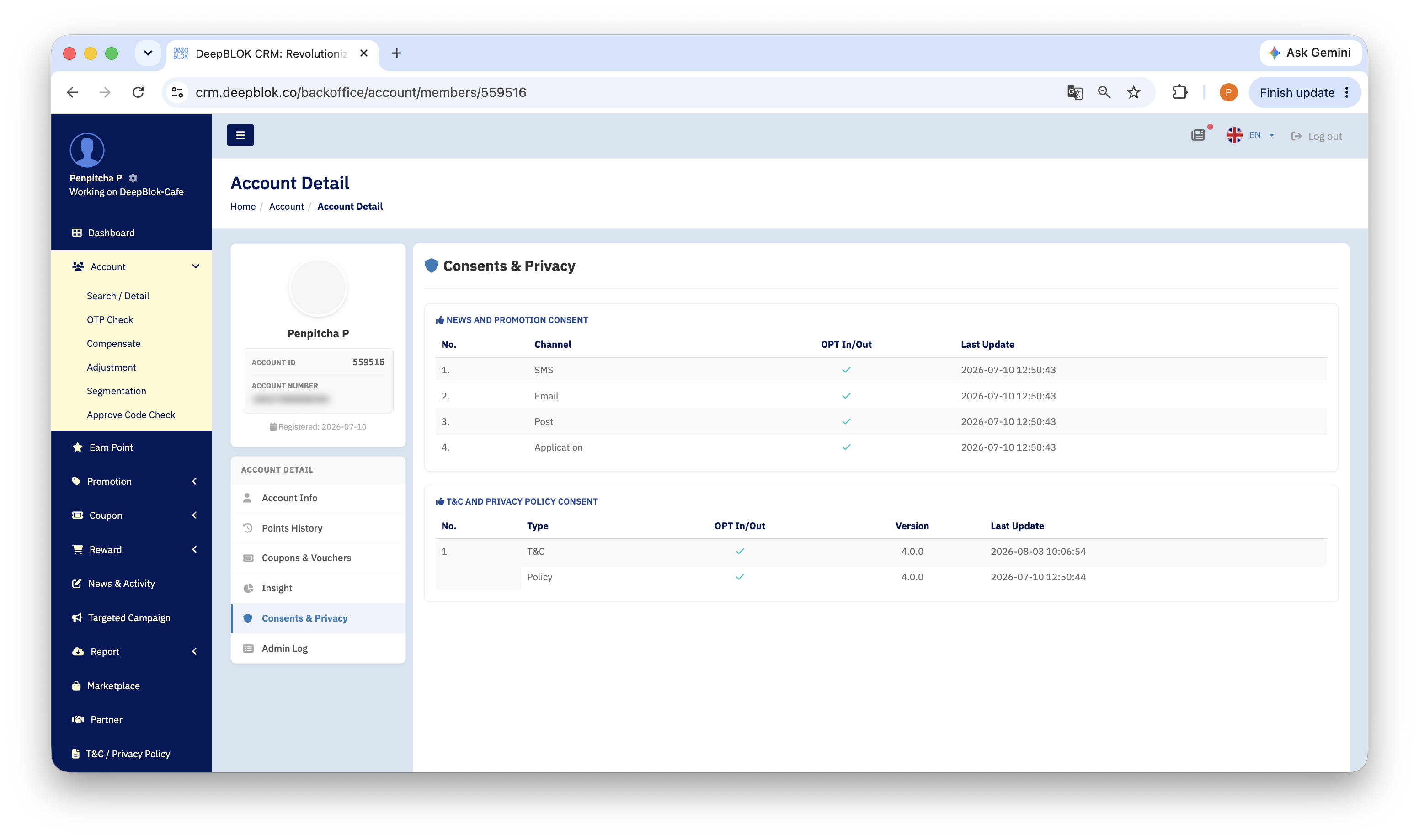 8.8.1 the member's Consents & Privacy tab showing both panels in one frame — the per-channel news consent lines and the T&C AND PRIVACY POLICY CONSENT panel with its Version column and Last Update timestamps. Blur the member name, phone number and email before publishing.