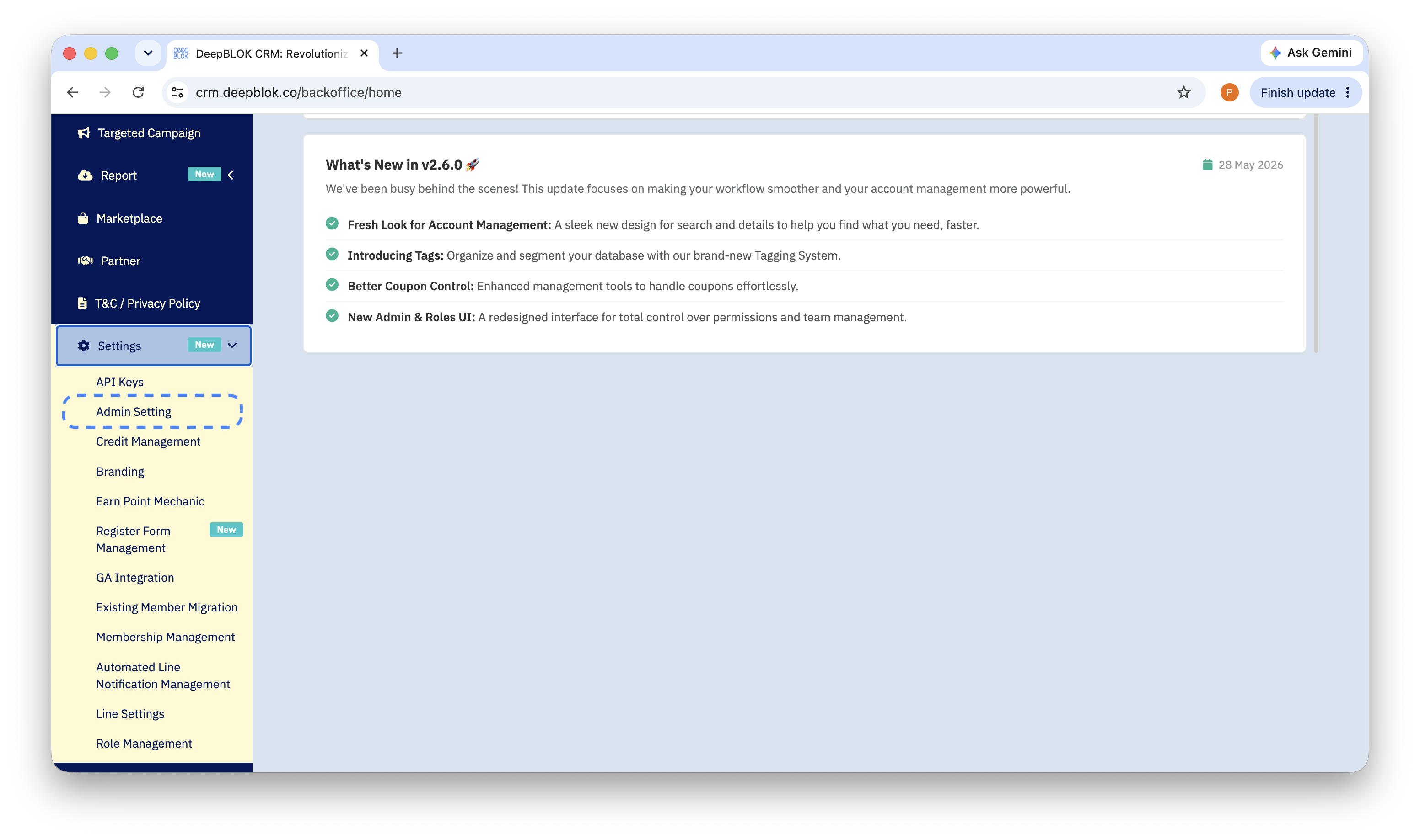 Expanded Settings menu in the DeepBLOK Backoffice sidebar showing the Admin Setting sub-item