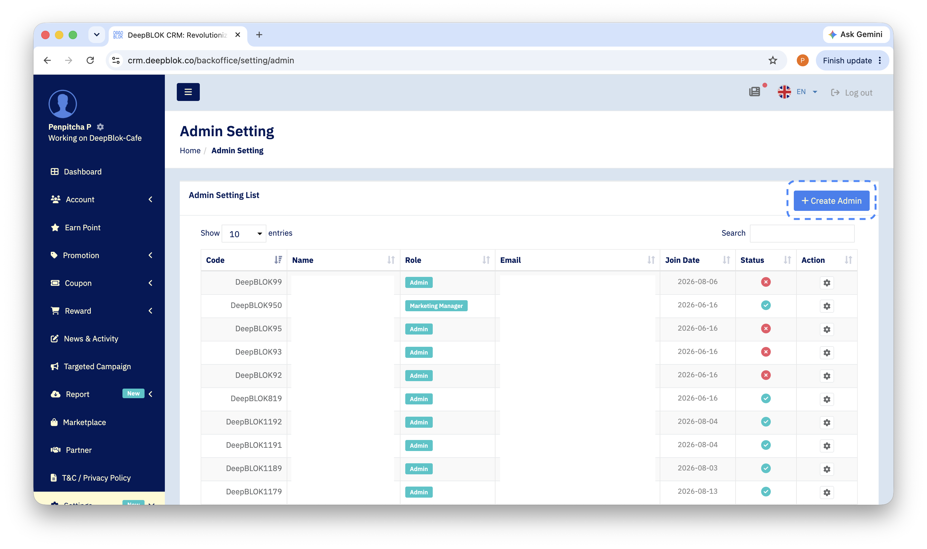 1.4.2 full Admin Setting page showing the Admin Setting List table — highlight the blue "+ Create Admin" button in the top right.