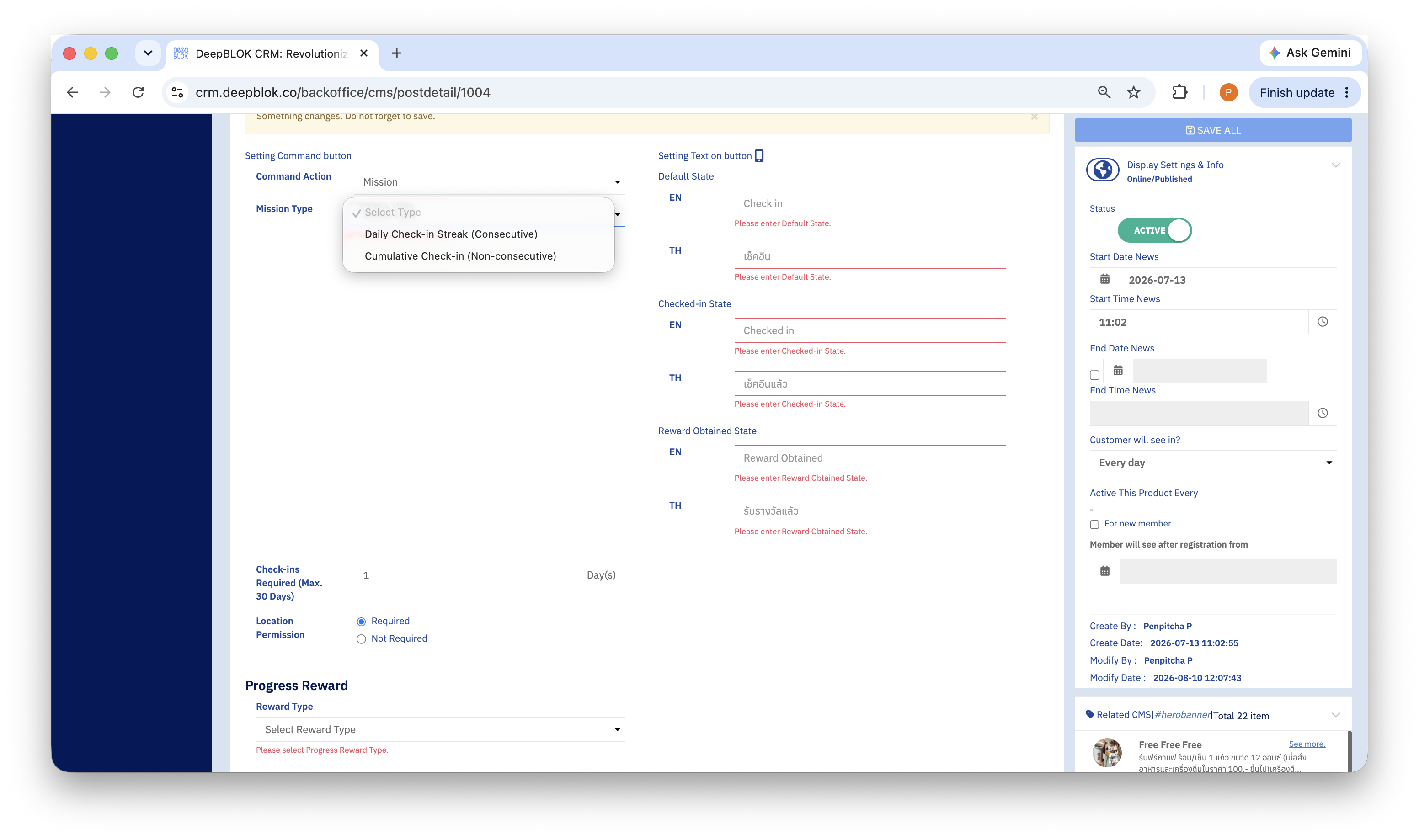 5.10.2 the Mission Type dropdown held open, showing both options — Daily Check-in Streak (Consecutive) and Cumulative Check-in (Non-consecutive).