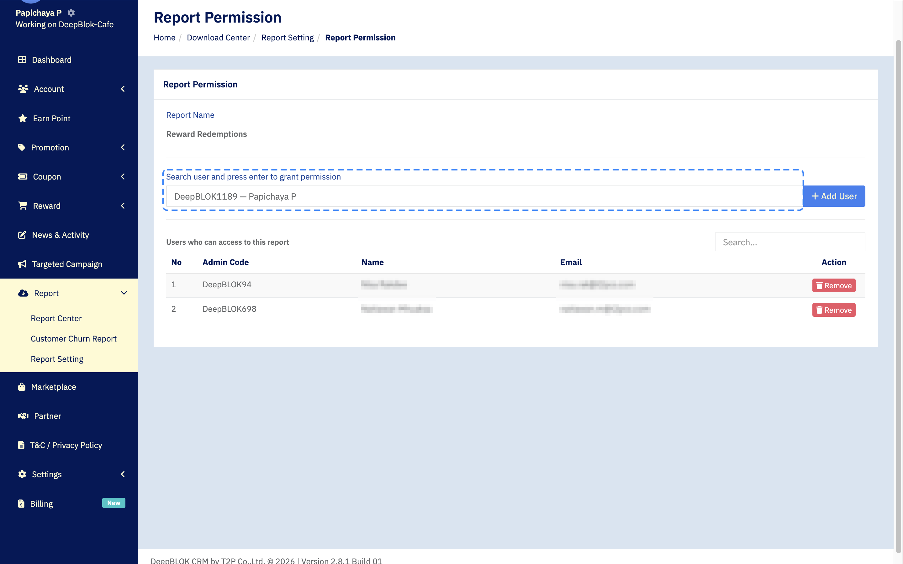 The user search section of the Report Permission page with the Add User button