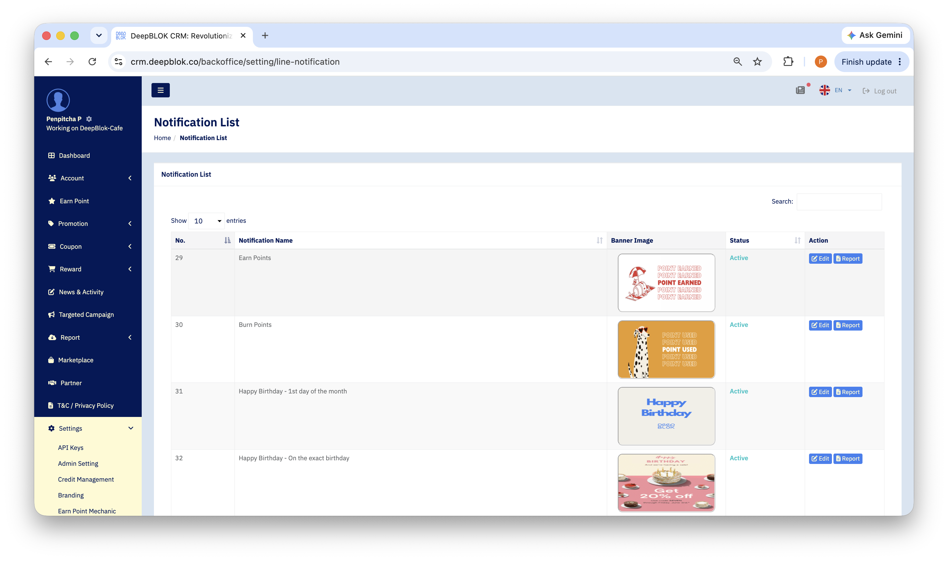 5.3.1 the Notification List page at Settings → Automated Line Notification Management, showing the whole table — columns No., Notification Name, Banner Image, Status, Action, with the Edit and Report buttons on each row. It must be clear that there is no create-new button on this page.
