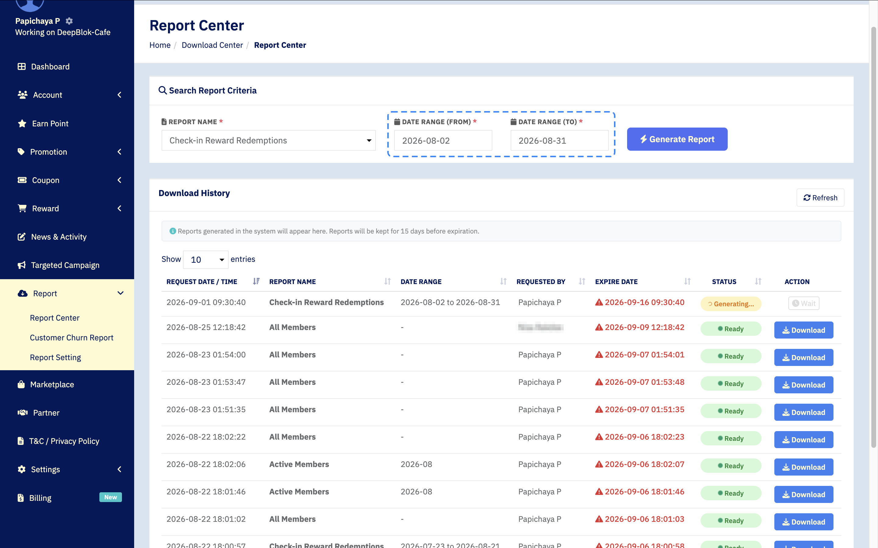 The Search Report Criteria section showing the From and To date range fields