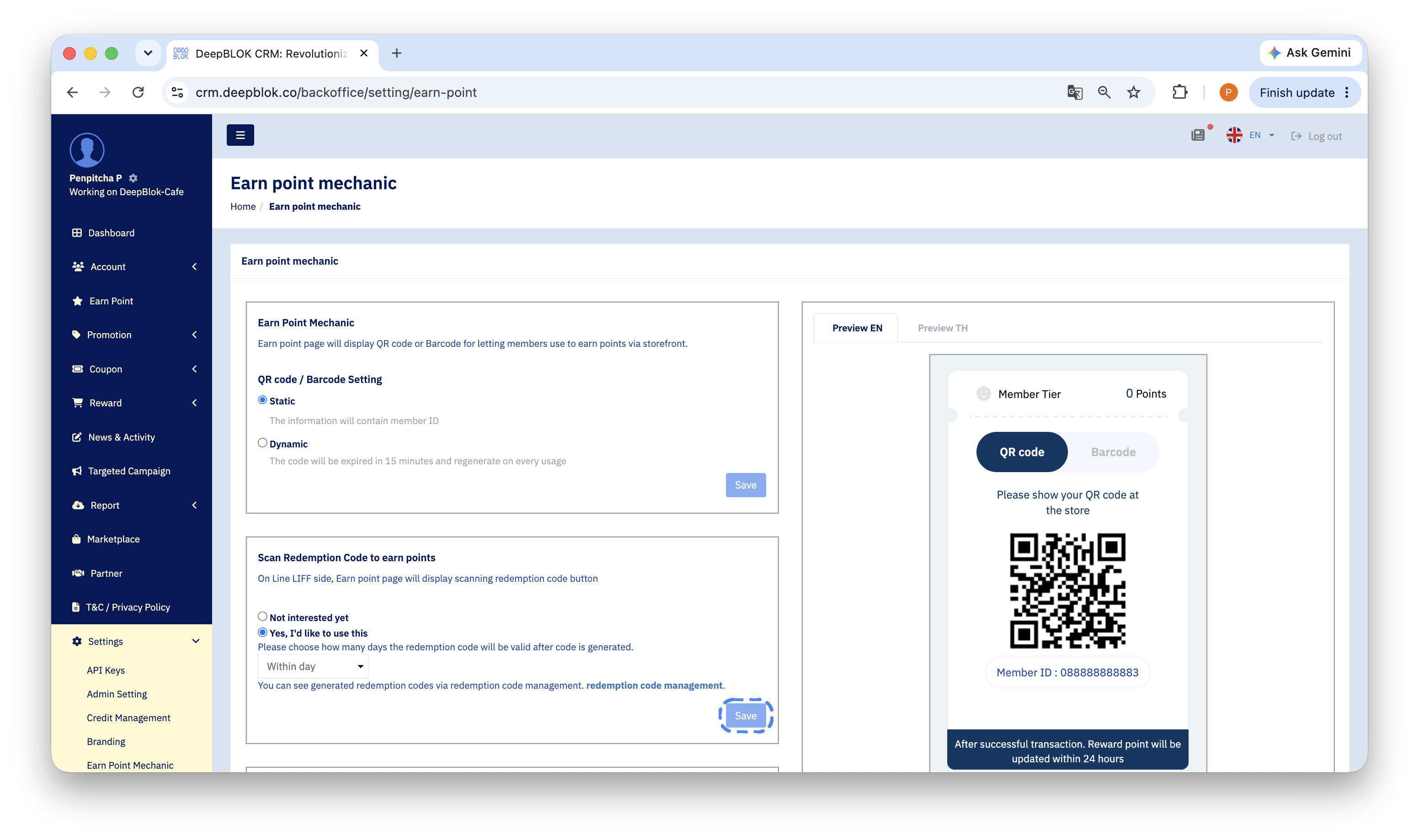 3.9.2 the whole Scan Redemption Code to earn points card on the Earn point mechanic page, showing both options, the day-count dropdown, the redemption code management link and that card's Save button — highlight the dropdown and the Save button