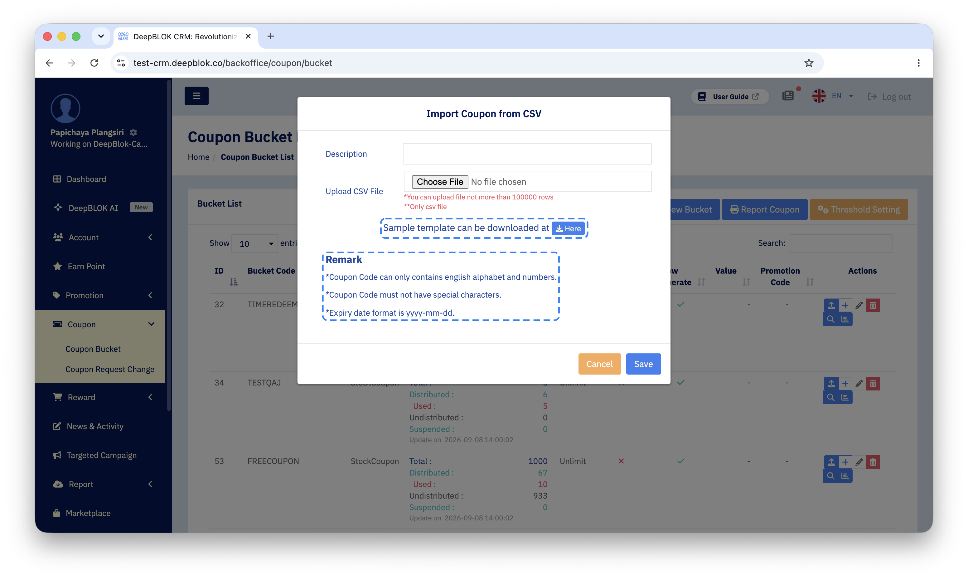 The Remark heading in the code import dialog showing the 3 rules for coupons