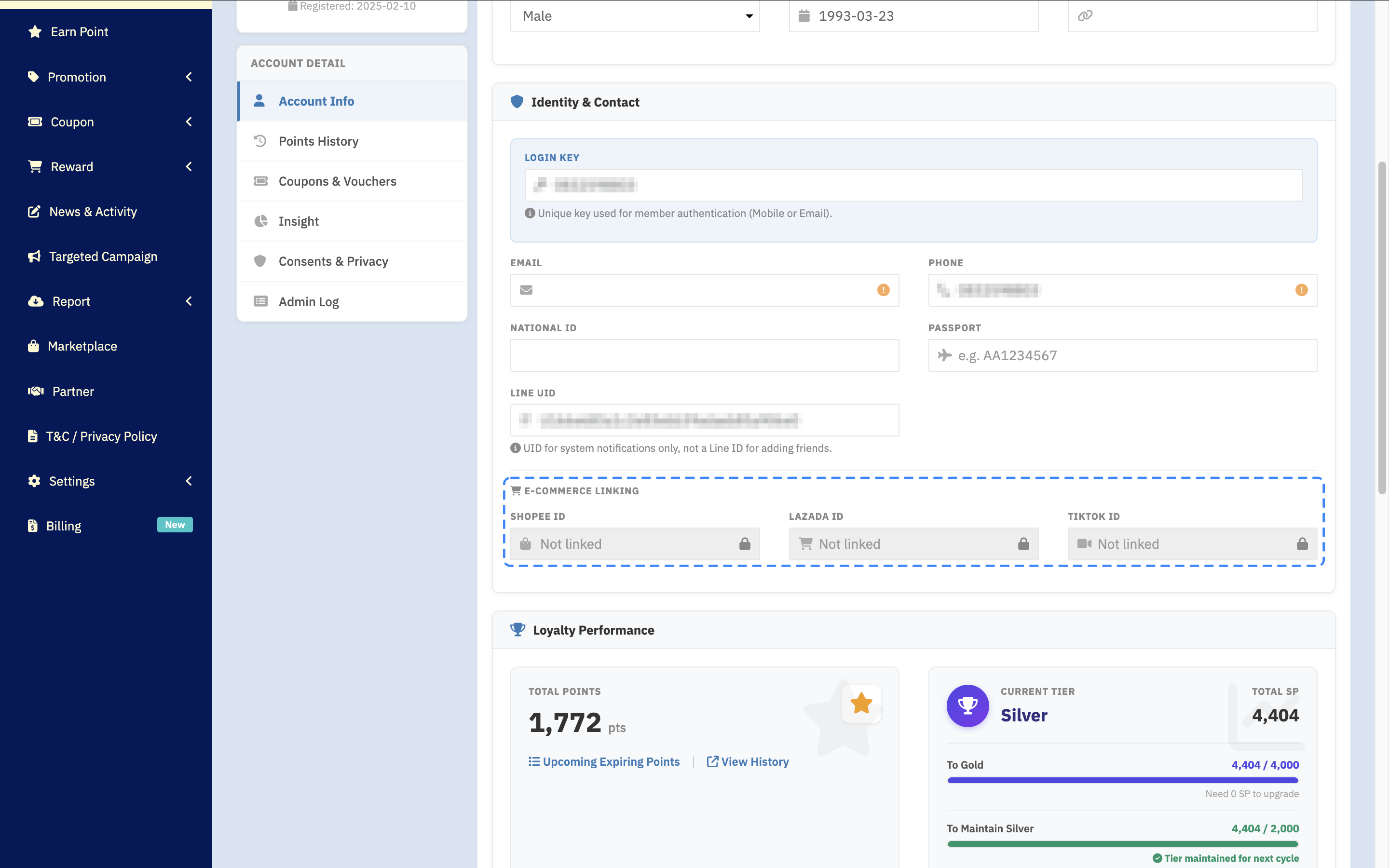 The E-Commerce Linking section on a member profile, showing a line for each of the 3 marketplaces