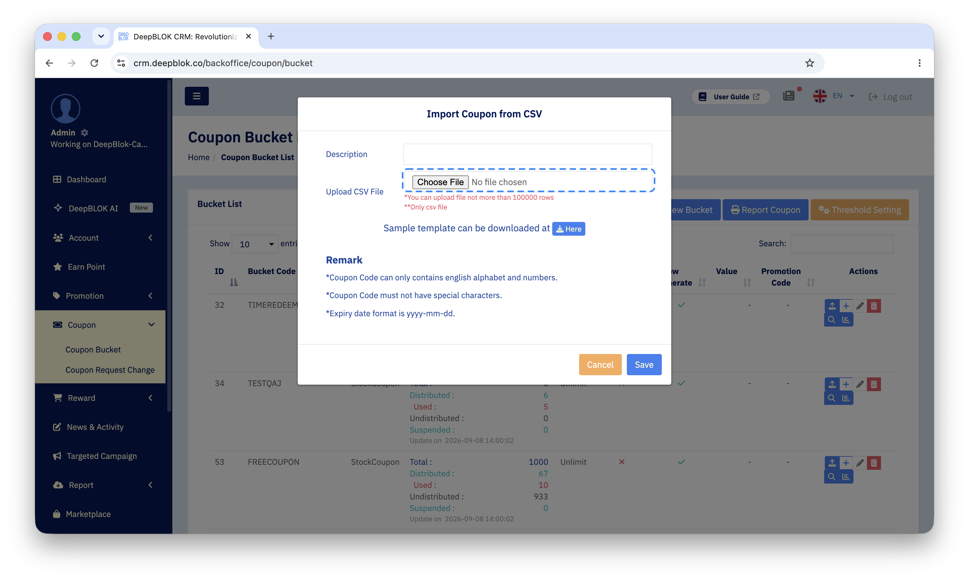 The Description and Upload CSV File fields in the code import dialog