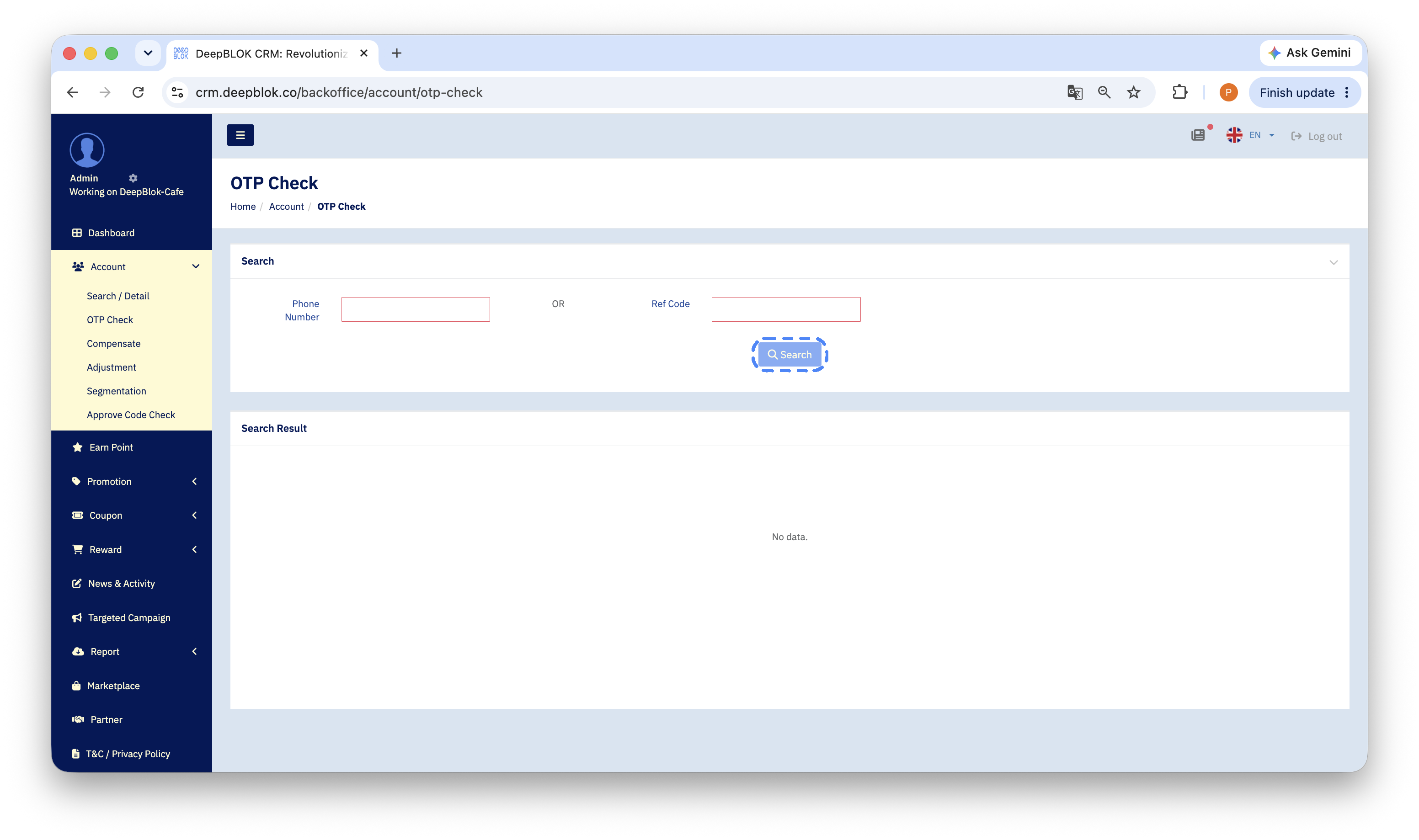 9.7.2 the OTP Check page before a search, showing the input field and search button clearly, with no results displayed yet.