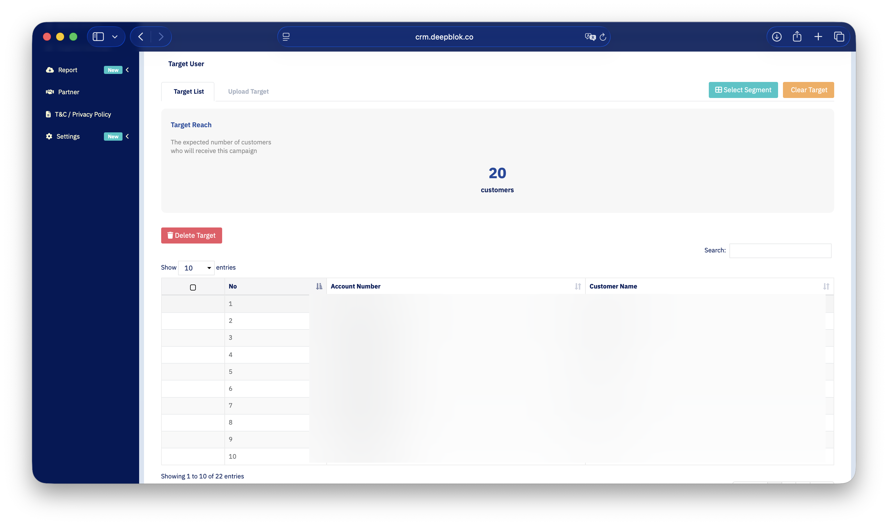 5.3.2 ส่วน Target User ที่เลือกกลุ่มแล้ว เห็นแท็บ Target List / Segmentation กับ Upload Target ปุ่ม Clear Target สีส้มมุมขวาบน และตัวเลขใน Target Reach ที่ไม่ใช่ศูนย์